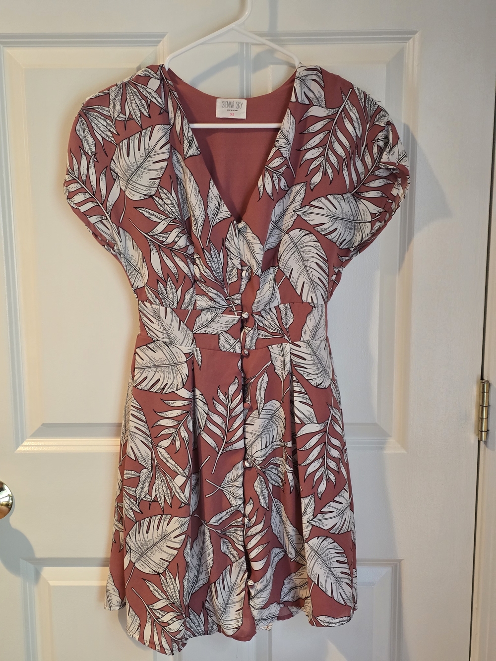 Sienna Sky Coral Leaf Print V-Neck Mini Dress